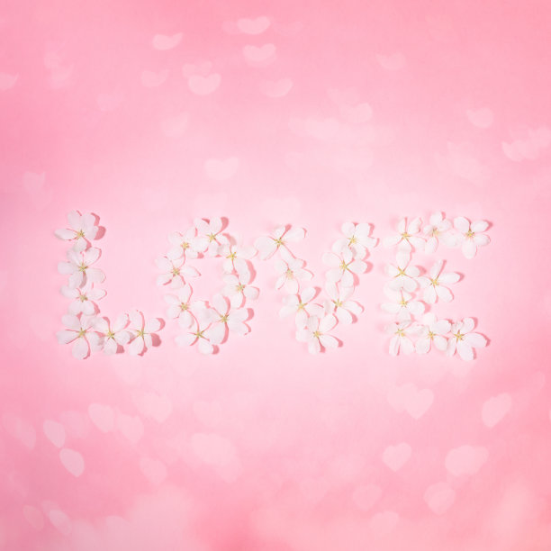 “爱之词”以白色的苹果树花为背景，以心形的散景为背景。俯视图，平放。图片下载