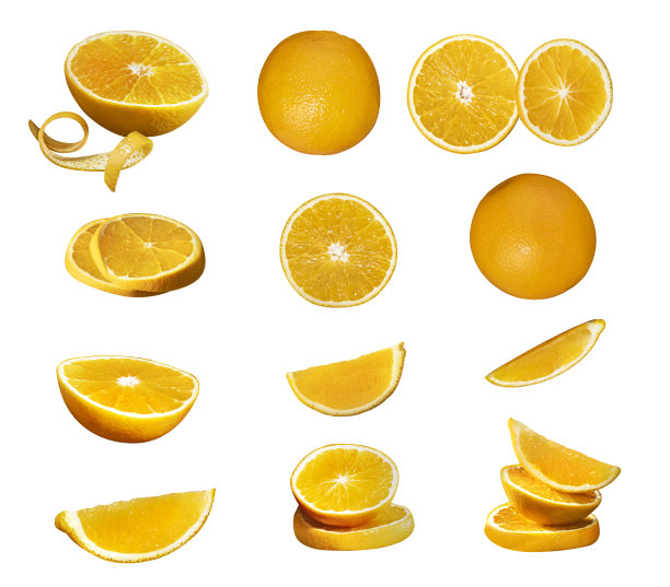 生的一套新鲜的整体和切割和漩涡橙和切片孤立在白色背景工作室拍摄图片下载
