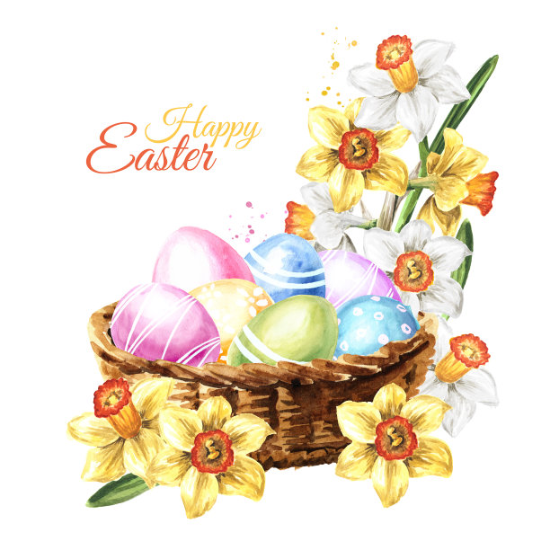 复活节快乐卡。篮子里装着春天的鲜花和彩色的鸡蛋。手绘水彩插图孤立的白色背景图片下载