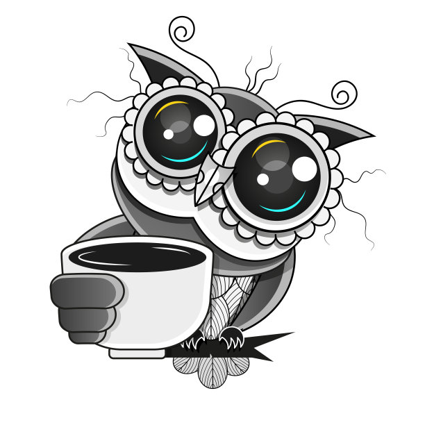 手绘排版咖啡海报。可爱时髦的猫头鹰配一杯热咖啡。贺卡或印有请帖的短语。但第一杯咖啡。咖啡店的标志图片下载