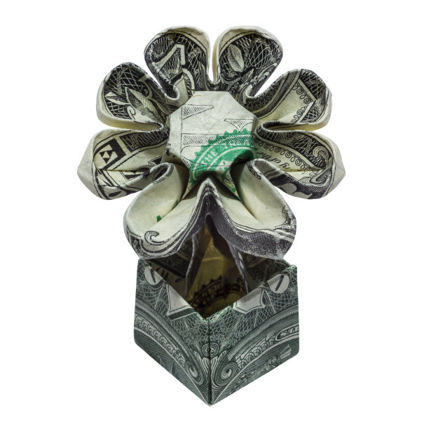 钱折纸花在罐子正面折叠与真正的一美元钞票孤立在白色背景图片下载