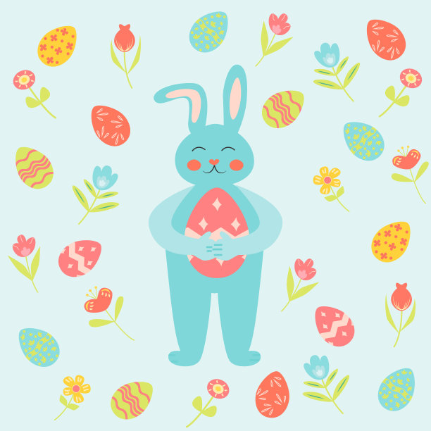 复活节的概念与兔子或复活节兔子，花和蛋。完美的假日装饰，贺卡，剪贴簿，派对邀请，海报，贴纸。卡通插图图片下载