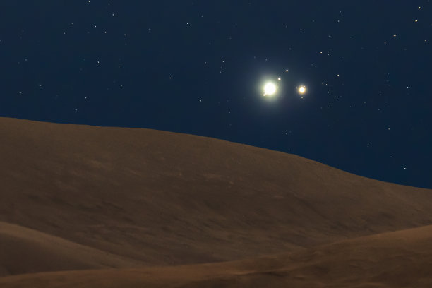 圣诞之星在阿塔卡马沙漠的夜空中移动，就像三王在2020年前看到的那样。木星和土星行星之间的大合的一个令人惊叹的时间流逝的视图在一个令人敬畏的风景图片下载