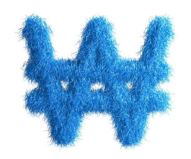 韩元由毛皮制成的货币，毛皮字体，3d字母。3 d演示。图片下载