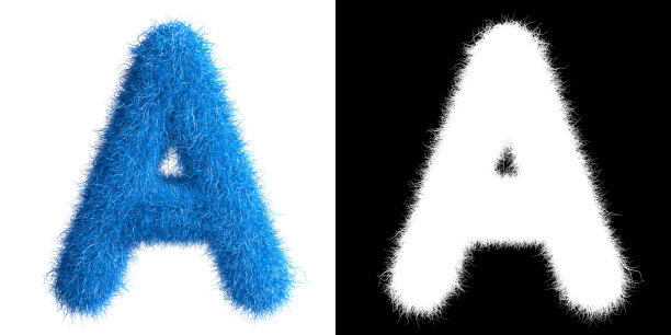 字母A由毛皮制成，带有alpha mask，毛皮字体，3d字母。3 d演示。图片下载