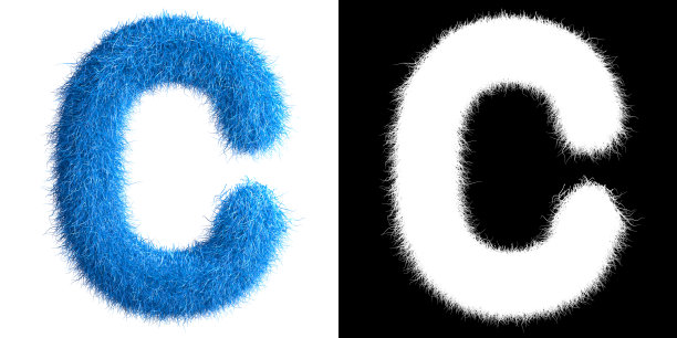 字母C由毛皮制成，带有alpha遮罩，毛皮字体，3d字母。3 d演示。图片下载