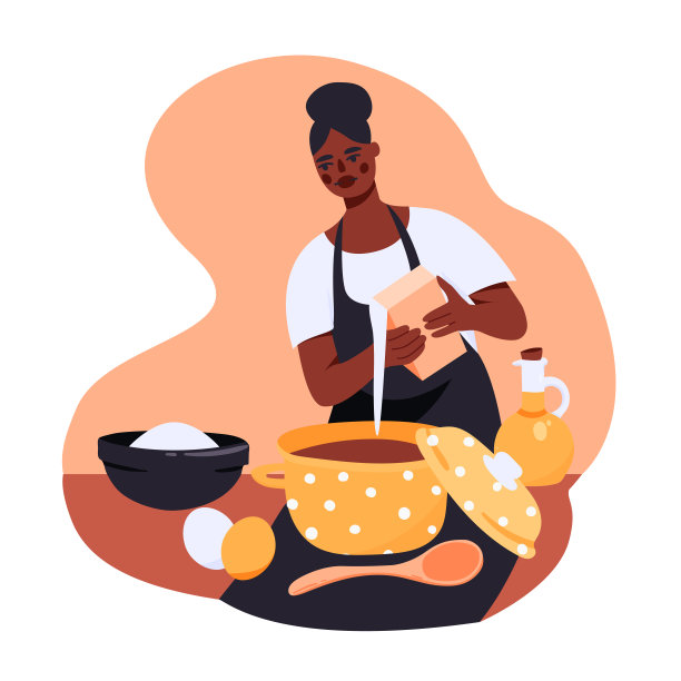 非洲裔女人准备美味菜肴卡通插画图片下载