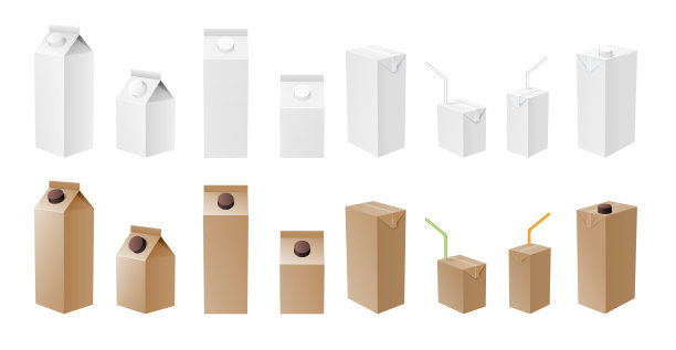 牛奶和果汁包装白色和工艺模型。现实的纸箱包装隔离，模板乳制品图片下载