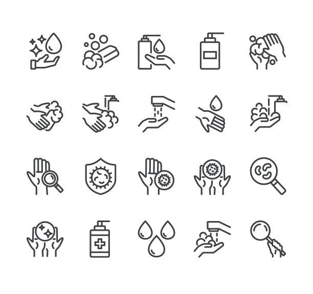 洗手手臂平黑细线笔划孤立图标集合图片下载