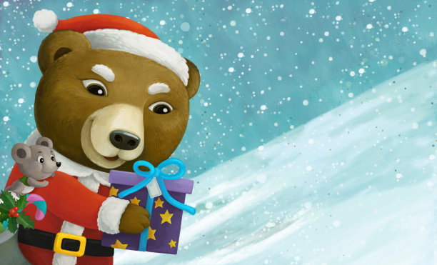 卡通圣诞冬季场景与动物滑滑雪在山上插图图片下载