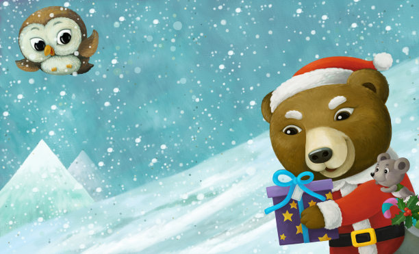 卡通圣诞场景与不同的动物和雪人插图图片下载