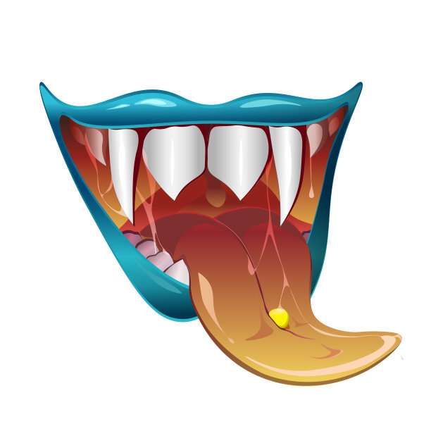 可怕的怪兽的嘴。卡通万圣节的牙齿和舌头的生物，搞笑的疯狂嘴的欢快设计图片下载