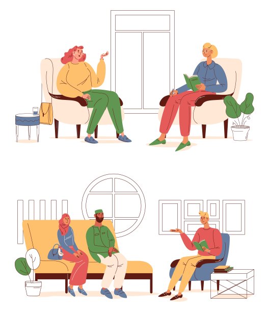 人们在进行心理治疗咨询。向量充满活力的人物在舒适的室内交谈。图片下载
