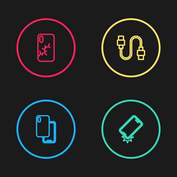 设置线智能手机，防震，USB电缆线和手机破碎的屏幕图标。向量图片下载
