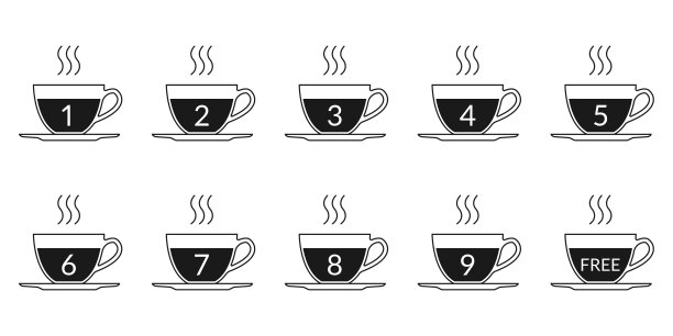 咖啡忠诚卡概念与咖啡杯图标。买9个，送1个。咖啡饮料推广设计模板。矢量插图。图片下载