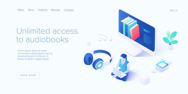 女人或女孩戴着耳机听有声读物。音频图书在线服务在等距矢量插图。网络播客应用。图片下载