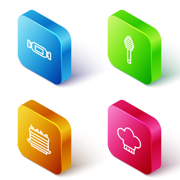 设置等距线糖果，蜂蜜斗棒，蛋糕和厨师帽子图标。向量图片下载