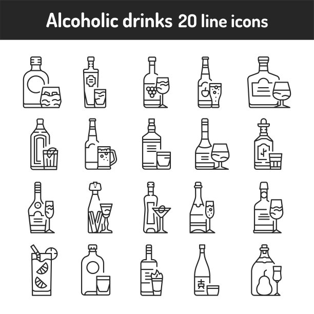 酒精饮料颜色线条图标设置。图片下载