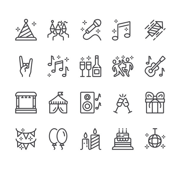 节日庆典音乐会派对迪斯科舞蹈平黑色细线条笔画孤立的图标集合图片下载