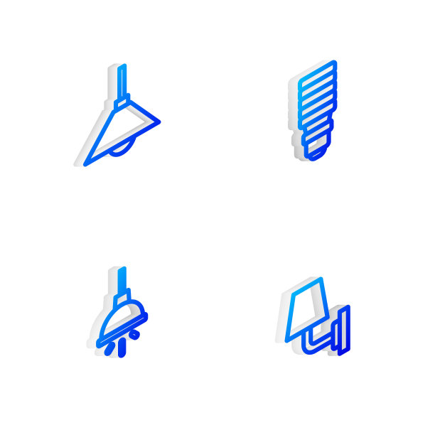 设置等距线LED灯泡，吊灯，吊灯和壁灯或壁灯图标。向量图片下载