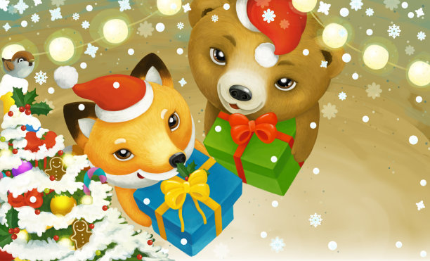 卡通场景与圣诞动物持有礼物插图图片下载