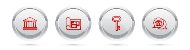 设线博物馆大楼、房屋平面图、重点楼盘及房产信息屋。银圈按钮。向量图片下载