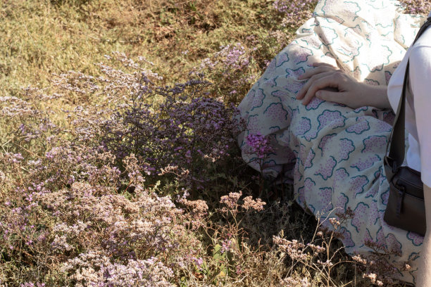 夏天，穿着裙子的女孩坐在长满青草和鲜花的田野里。女性附近的复制空间图片下载