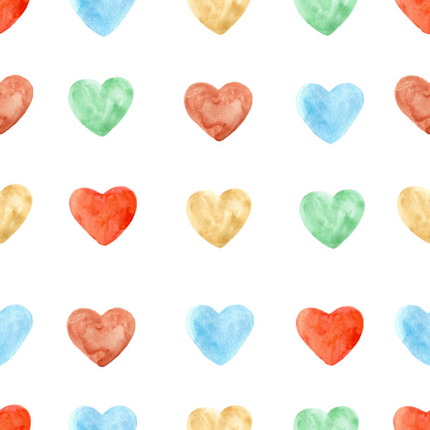 水彩心形无缝图案，鲜艳多彩的手绘背景，五彩斑斓的爱情符号和象征。用于织物设计，纺织品，墙纸，包装，卡片，请柬，装饰图片下载
