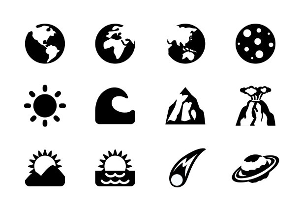 空间相关矢量插图图标集。地球面，月球，土星，行星，海浪，太阳，地平线，陨石孤立的符号集合图片下载