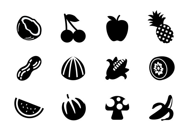 水果矢量插图图标设置。椰子，樱桃，苹果，菠萝，花生，玉米，猕猴桃，西瓜，甜瓜，蘑菇，香蕉孤立的符号收集。素食的食物图片下载