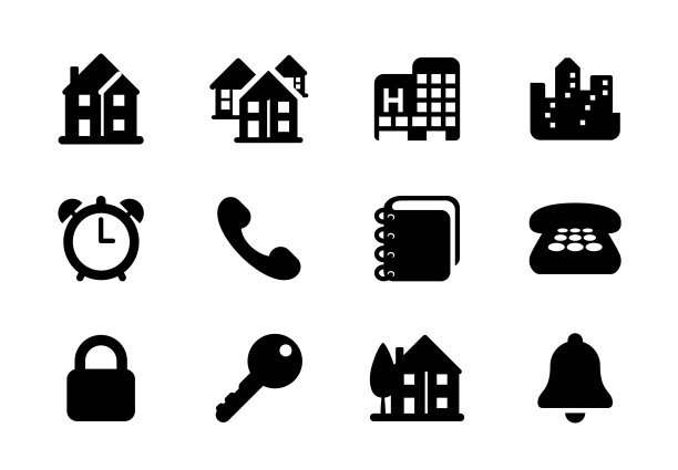 Home, House equipment矢量插图图标集。采购产品公寓，私人住宅，钥匙，锁，电话，钟，钟，地址簿，酒店，建筑物孤立的符号收集图片下载