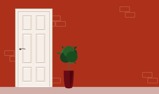 外部入口门和盆栽树在红色的背景。图片下载