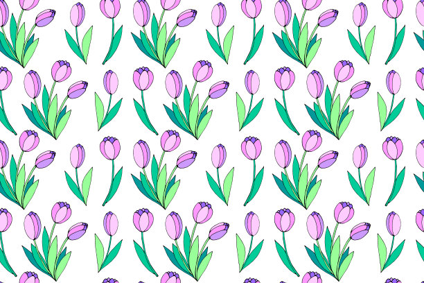 矢量无缝模式与粉红色郁金香花。手绘春天纹理，背景。适用于包装纸、纺织品、贺卡、婚礼、生日、母亲节、妇女节或情人节图片下载