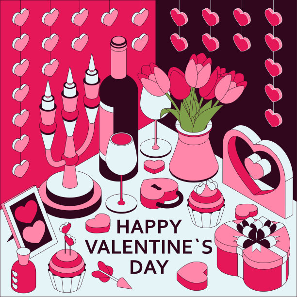 快乐的情人节背景与可爱的等距元素。贺卡和爱的模板图片下载