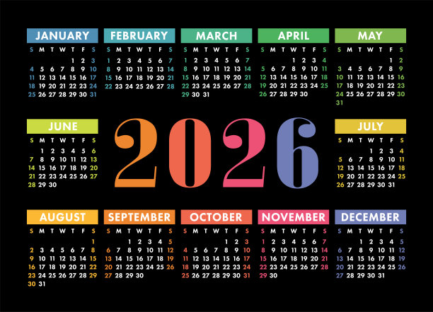 日历2026年。英文彩色矢量横墙或口袋压延机模板。设计。新年。一周从周日开始图片下载