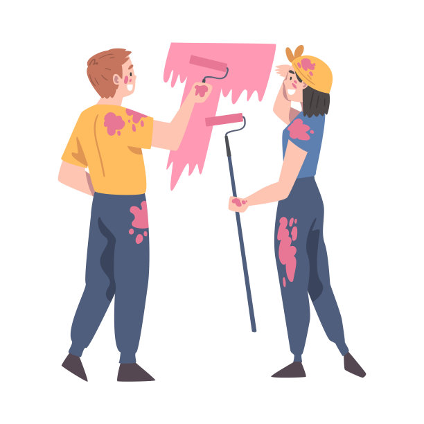 男人和女人作为年轻的家庭拿着油漆滚筒在他们的公寓矢量图的墙壁上色图片下载
