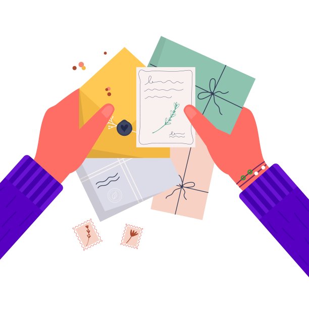 手拿着邮票信封。通过邮政服务发送书面信件或通信的人。手工制作的礼品或礼品用牛皮纸信纸、丝带、树枝等装饰，载体图片下载