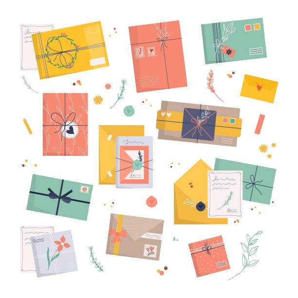 一套附有邮票的信封。图标用于投递信件，通过邮政服务的通信。手工制作的礼物或礼物与工艺纸信，丝带，树枝和装饰元素。平面向量图片下载