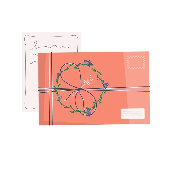 邮票孤立在白色背景上的信封。图标交付信件，通信，邮政服务。手工制作的礼物或礼品与牛皮纸信，丝带，树枝。平面向量图片下载