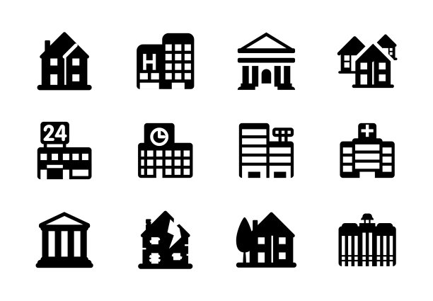 不同的建筑矢量插图图标设置。住宅，办公室，银行，酒店，学校，工厂，医院孤立的建筑物，建筑符号集合图片下载