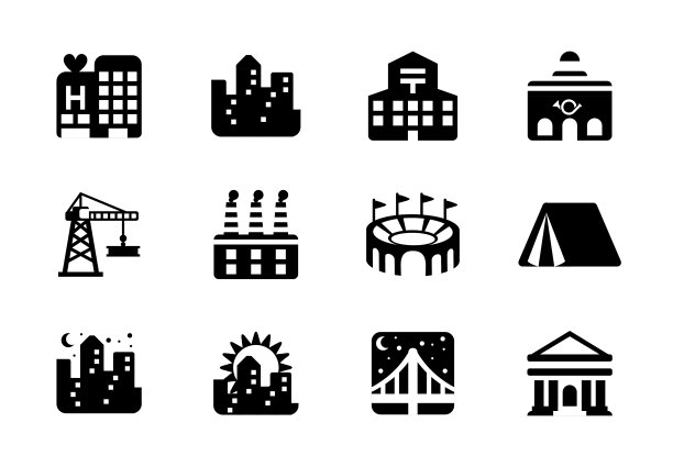 建筑类型矢量插图图标集。酒店、住宅、邮局、工厂、体育场、帐篷、桥梁、起重机等建筑孤立符号收藏图片下载