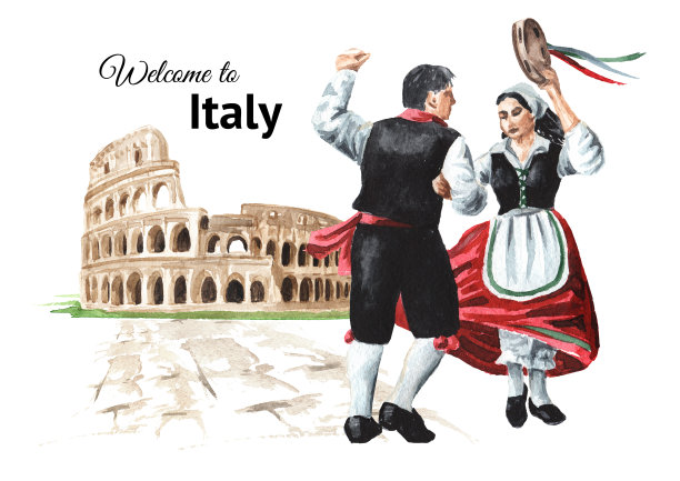 欢迎来到意大利卡。意大利民间舞蹈。一对穿着民族服装的舞者在罗马斗兽场的背景下。手绘水彩插图孤立的白色背景图片下载