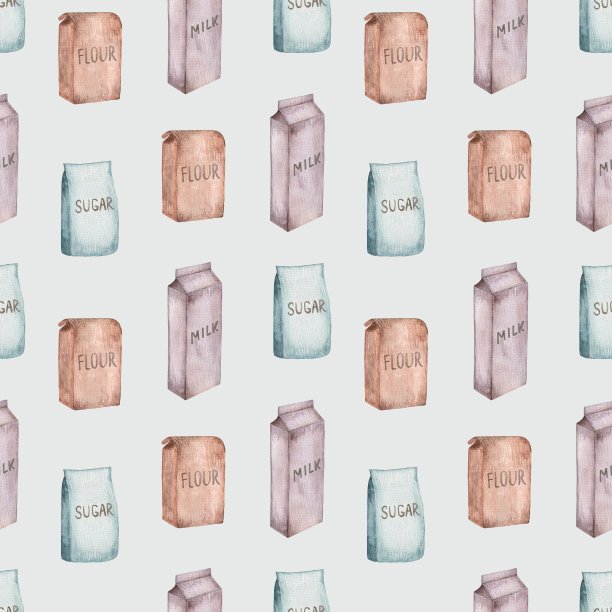 无缝水彩图案与烘烤产品。面粉，牛奶，糖装在一个包里。图片下载