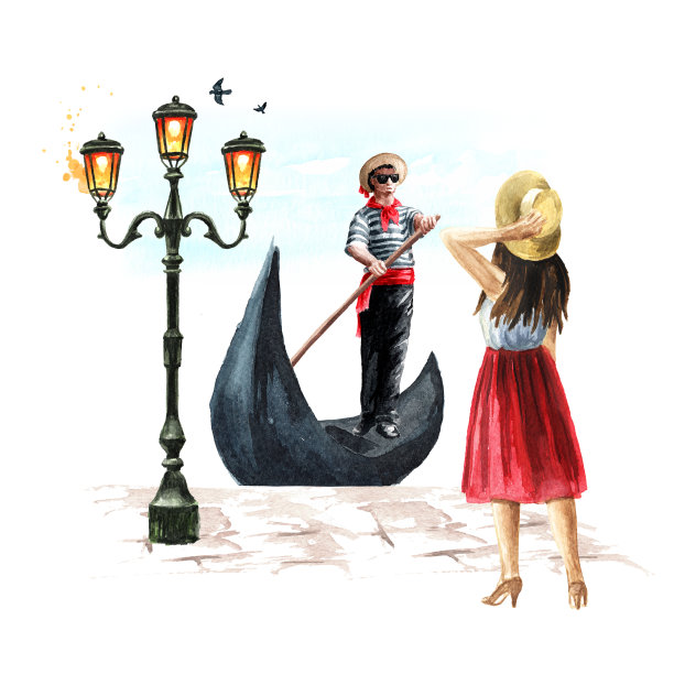 在意大利威尼斯码头附近的贡多拉上，年轻的女孩看着穿着传统服装的威尼斯船夫。旅行概念手绘水彩插图孤立的白色背景图片下载