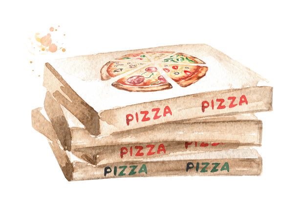 一盒披萨套装。手绘水彩插图孤立的白色背景图片下载