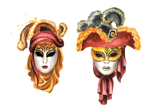 威尼斯狂欢节面具，意大利，威尼斯集。手绘水彩插图孤立的白色背景图片下载