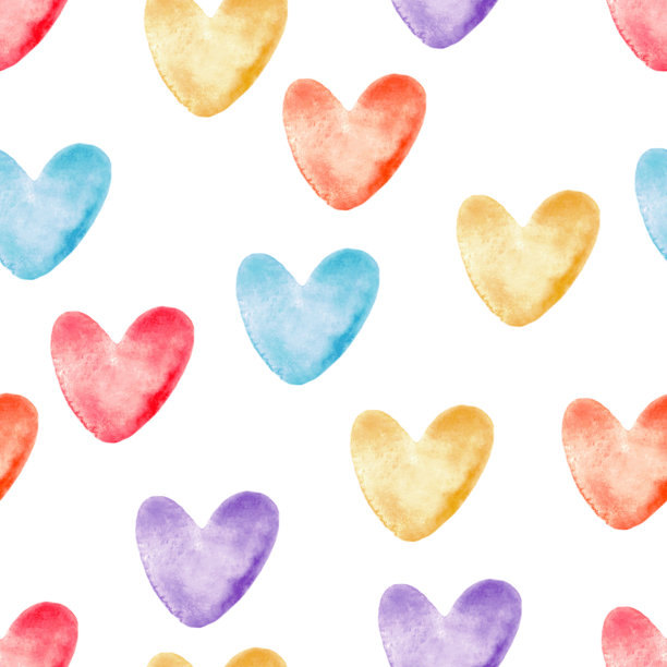 水彩心形无缝图案，鲜艳多彩的手绘背景，五彩斑斓的爱情符号和象征。用于织物设计，纺织品，墙纸，包装，卡片，请柬，装饰图片下载