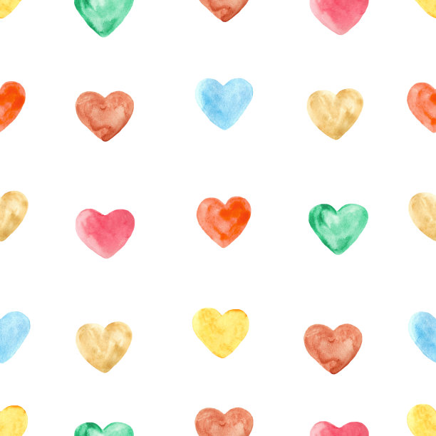 水彩心形无缝图案，鲜艳多彩的手绘背景，五彩斑斓的爱情符号和象征。用于织物设计，纺织品，墙纸，包装，卡片，请柬，装饰图片下载