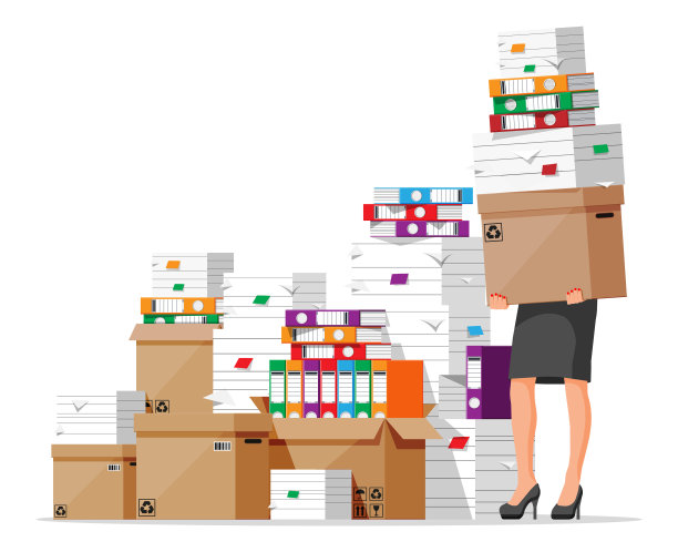 压力重重的女商人在一堆办公室文件中图片下载