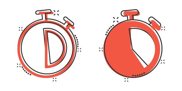 漫画风格的时钟图标。观看卡通矢量插图在白色孤立的背景。定时器喷溅效果的经营理念。图片下载